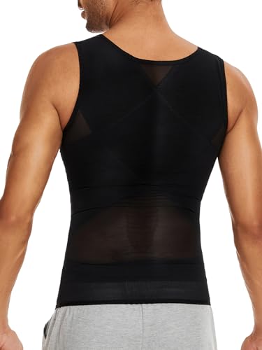 SLIMBELLE Mens Compression Shirt Slimming Body Shaper Undershirt Vest Chest Tummy Control Workout Waist Trainer Girdle Belt Posture Corrector Tank Top Black L