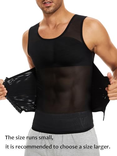 SLIMBELLE Mens Compression Shirt Slimming Body Shaper Undershirt Vest Chest Tummy Control Workout Waist Trainer Girdle Belt Posture Corrector Tank Top Black L