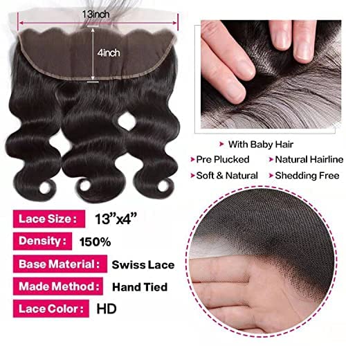 13 x 4 Lace Frontal Closure Body Wave Frontal 13 x 4 HD Transparent Lace Frontals With Bangs Baby Hair 100% Remy Human Hair 150% Density Natural Color (Natural Color, 10 Inch)