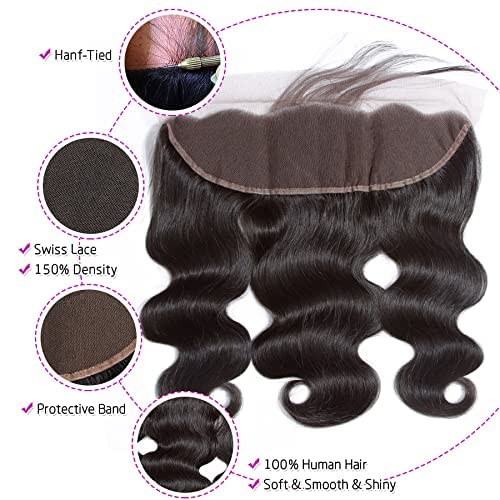 13 x 4 Lace Frontal Closure Body Wave Frontal 13 x 4 HD Transparent Lace Frontals With Bangs Baby Hair 100% Remy Human Hair 150% Density Natural Color (Natural Color, 10 Inch)