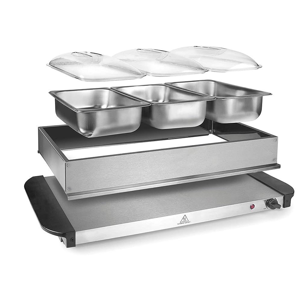 Vintage Gourmet® 3 Tray Food Warmer, All in One Buffet Server with Warming Plate Function,Turkey & Vegetables, Keeps Food Warm 200W, Temperature Control, Cool-Touch Handles Easy Portability 3 x 1.5L