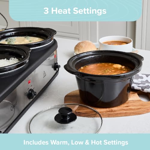 Quest Triple Slow Cooker, Buffet Server & Food Warmer, 7.5L Total Capacity - 3x 2.5 Litre Ceramic Pots, Easy to Clean, Includes Lids & Lid Stands, 3 Heat Settings