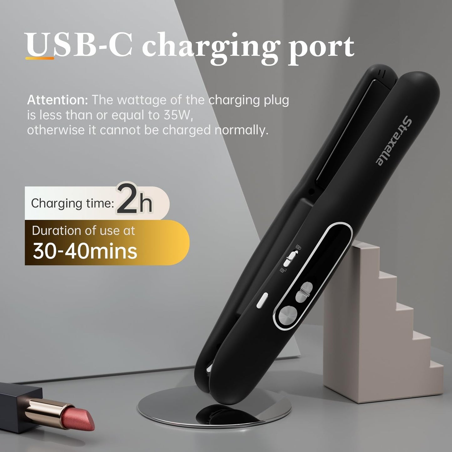 Straxelle Mini Cordless Hair Straighteners, 2 in 1 Portable Flat Iron and Curler Adjustable Temp 175℃-215℃ Mini Straightener with LED Display,5000mAh Travel Straightener for Women Men (Black)