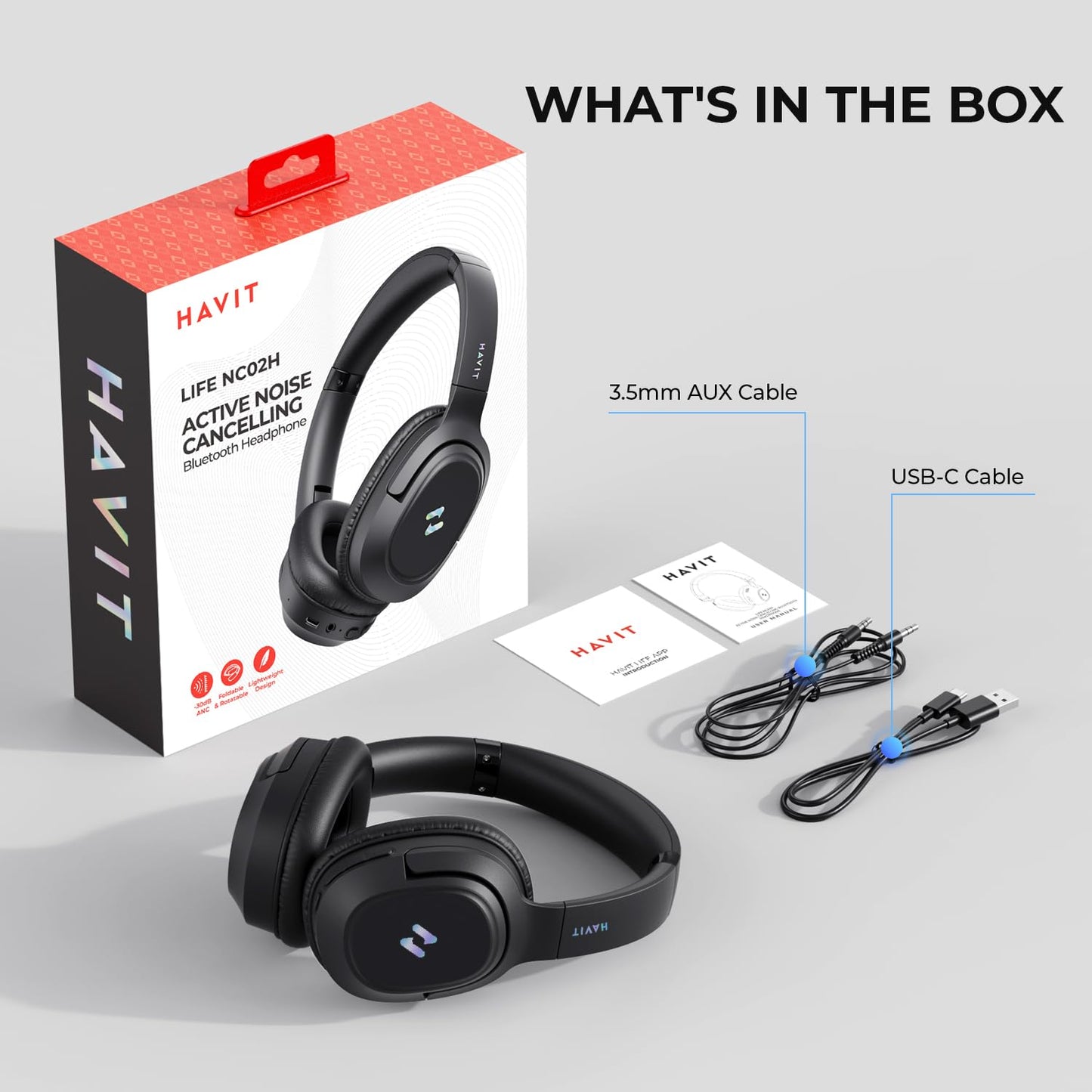 havit Active Noise Cancelling Headphones, Wireless Over Ear Bluetooth Headphones with 60ms Low Latency Game Mode, 50H Playtime, Foldable Overhead Headphones with Deep Bass, Bluetooth 5.4, App Control