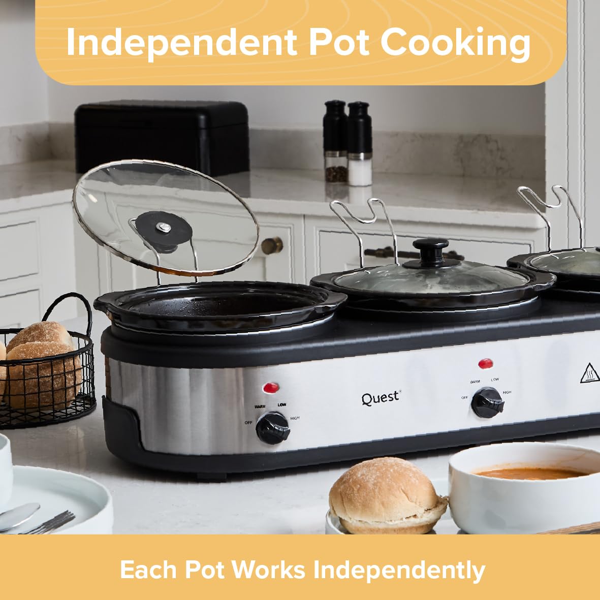 Quest Triple Slow Cooker, Buffet Server & Food Warmer, 7.5L Total Capacity - 3x 2.5 Litre Ceramic Pots, Easy to Clean, Includes Lids & Lid Stands, 3 Heat Settings