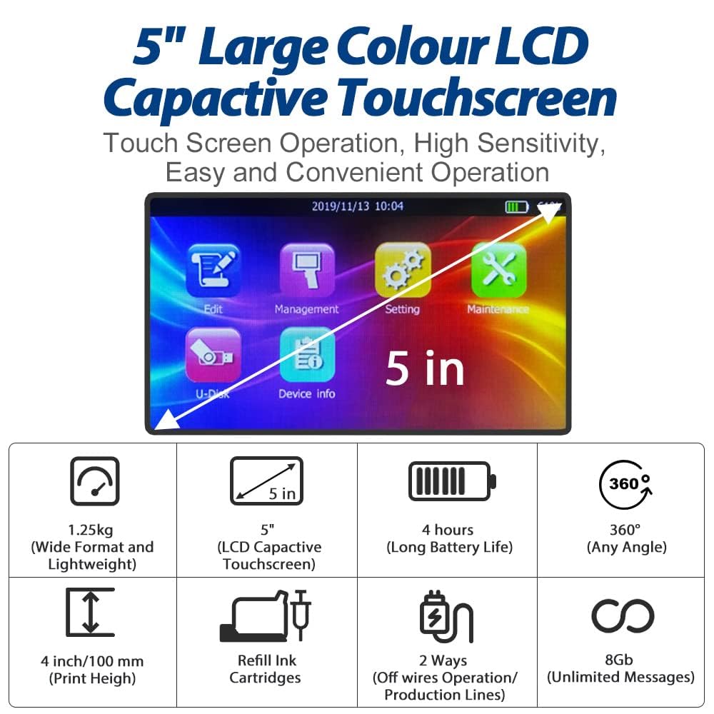 BENTSAI B85 Wide Format Handheld Inkjet Printer Large Character Coding Up to 92mm Print Height for Porous and Non-porous Surfaces with Solvent Quick Drying Ink