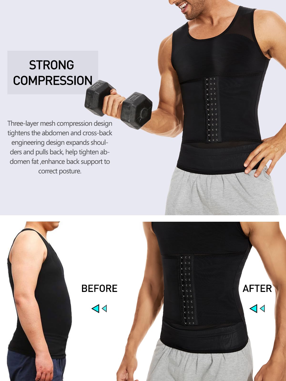 SLIMBELLE Mens Compression Shirt Slimming Body Shaper Undershirt Vest Chest Tummy Control Workout Waist Trainer Girdle Belt Posture Corrector Tank Top Black L