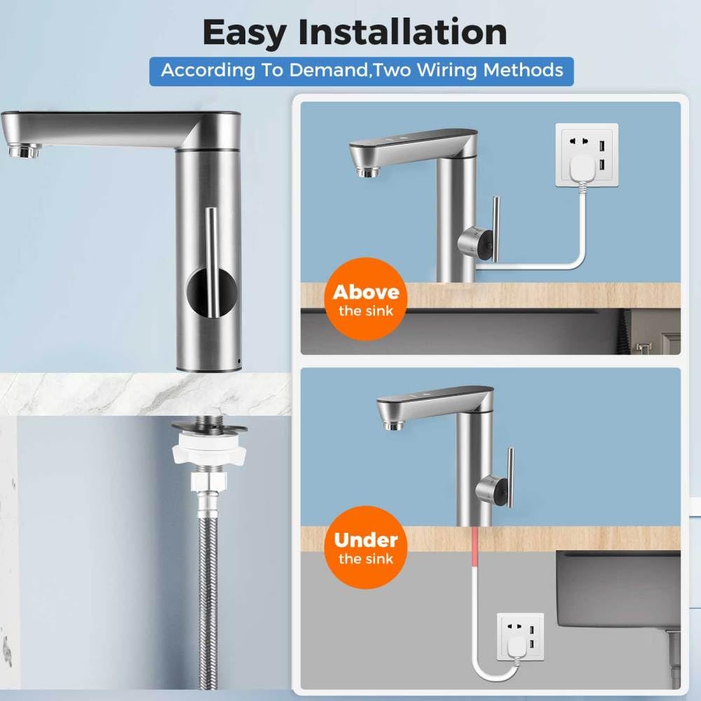 Instant Hot Water Tap, 220V 3000W Tankless Electric Tap for Bathroom/Kitchen, Cold and Hot Water Faucet with Digital Display, Adjustable Temperature 30-55°C