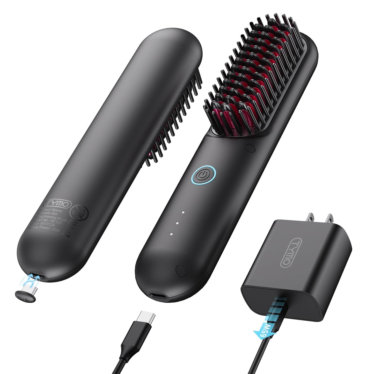 TYMO Porta Pro Cordless Hair Straightener Brush - Portable Straightening Brush for Travel, Mini Ionic Hot Comb Straightener for Women, Lightweight on-The-go, Cordless & Fast Charger Dual Power, Black