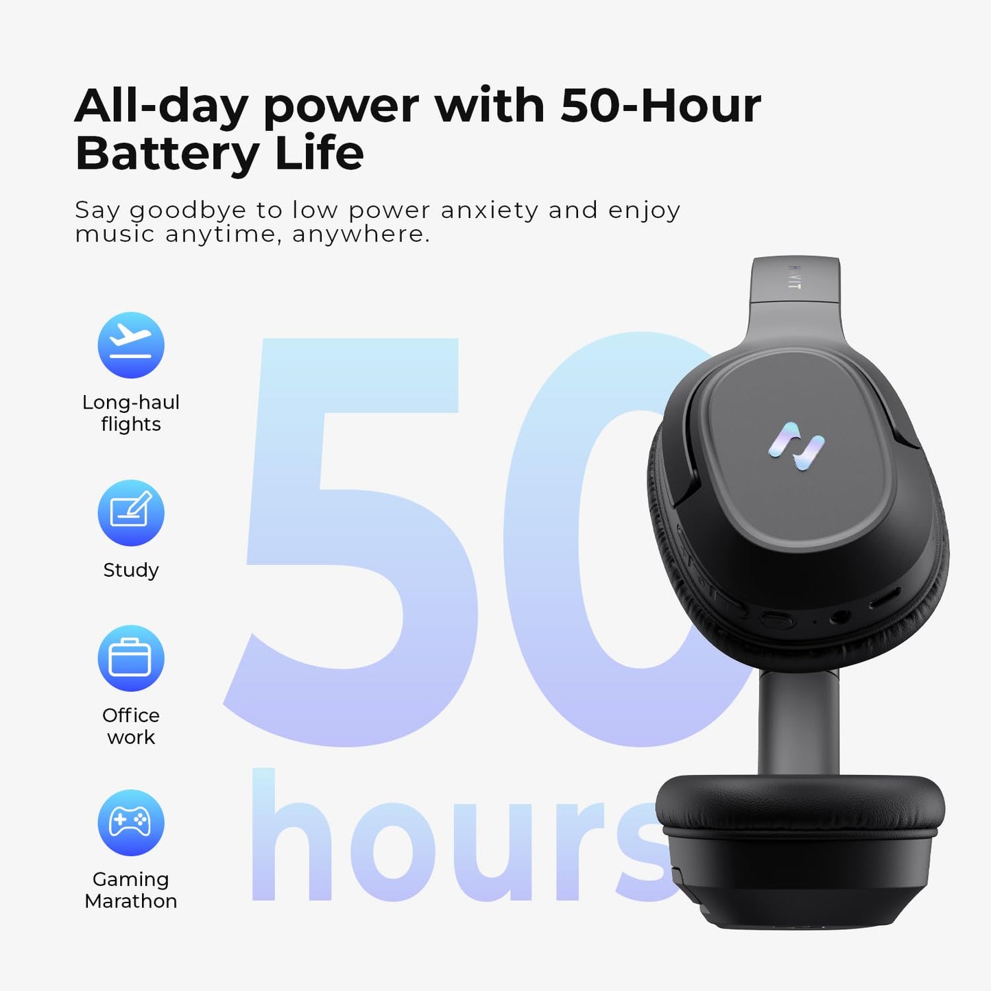 havit Active Noise Cancelling Headphones, Wireless Over Ear Bluetooth Headphones with 60ms Low Latency Game Mode, 50H Playtime, Foldable Overhead Headphones with Deep Bass, Bluetooth 5.4, App Control