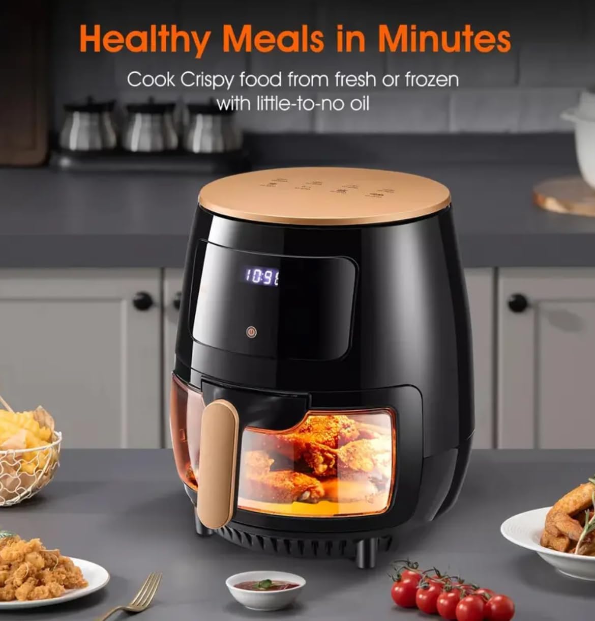 Air Fryer, New Large Capacity, Touch Screen, Multifunction, Mini Oven, Touch Controls With 6 Presets, Nonstick & Dishwasher Safe Basket, FULL GLASS BASKET