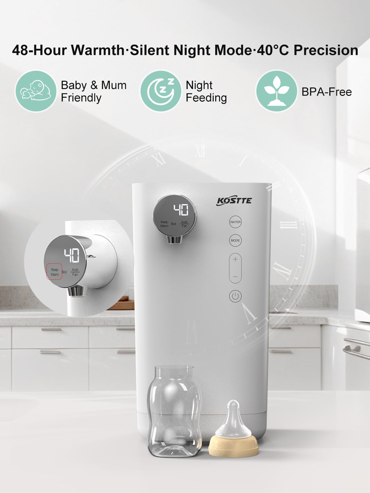 Baby Bottle Maker, KOSTTE 24hr Temp-Controlled Formula Maker, Baby Kettle for Making Formula Bottle Instantly, Food Maker, Ideal for Night Feeds, 1.5L