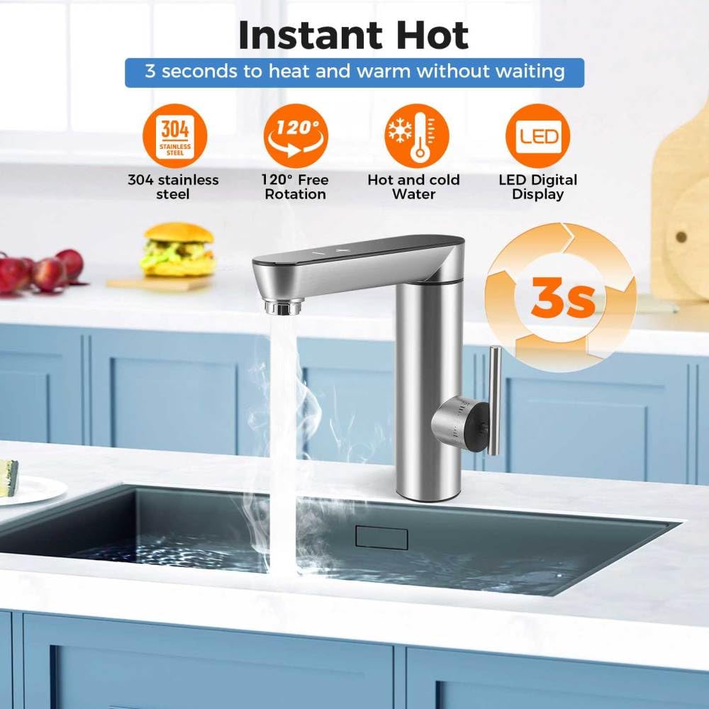 Instant Hot Water Tap, 220V 3000W Tankless Electric Tap for Bathroom/Kitchen, Cold and Hot Water Faucet with Digital Display, Adjustable Temperature 30-55°C