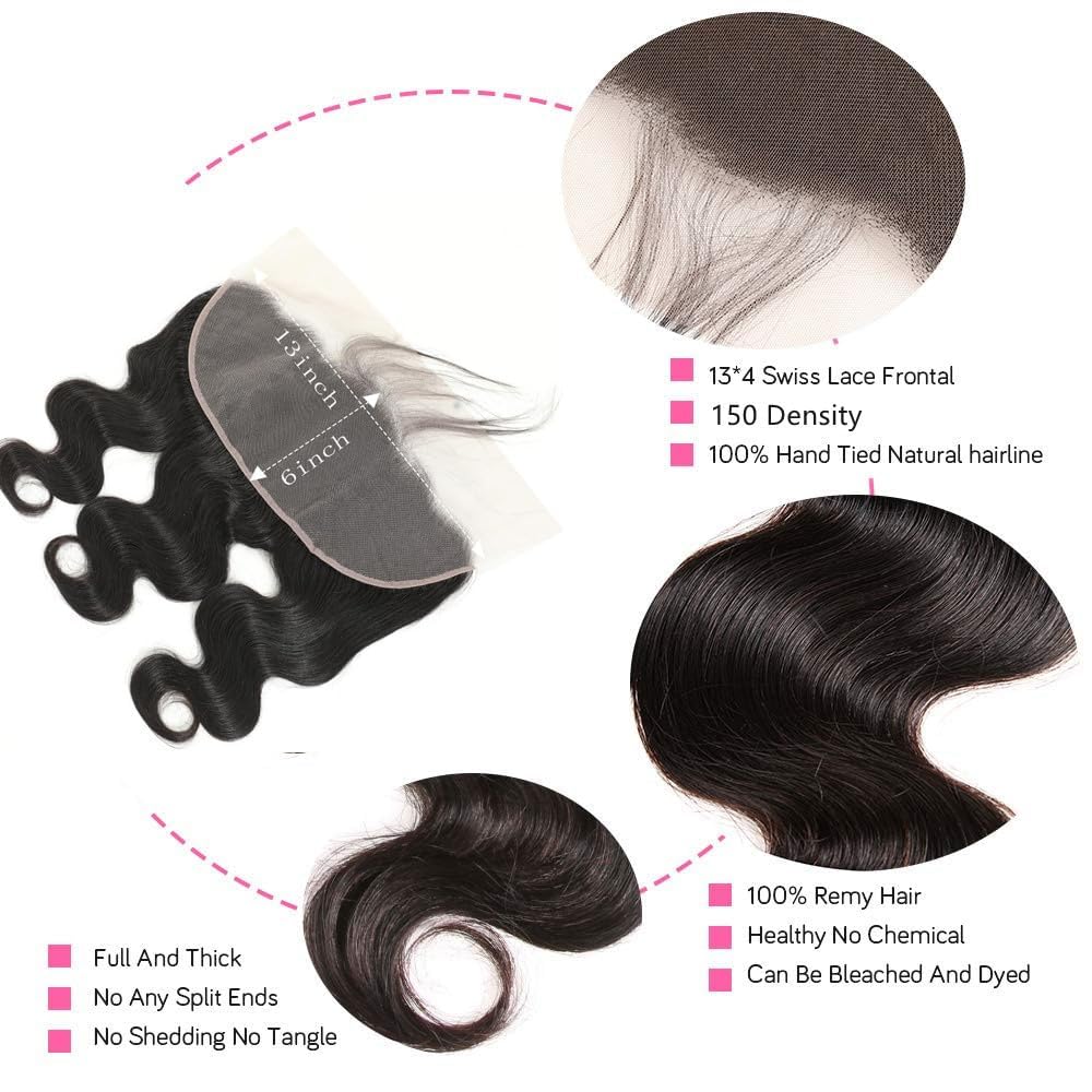 13 x 4 Lace Frontal Closure Body Wave Frontal 13 x 4 HD Transparent Lace Frontals With Bangs Baby Hair 100% Remy Human Hair 150% Density Natural Color (Natural Color, 10 Inch)