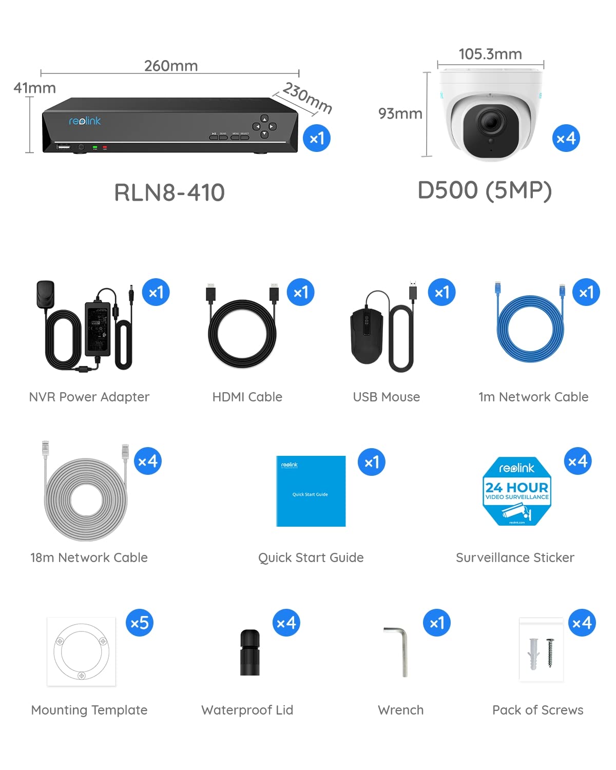 Reolink 4K NVR 8CH PoE CCTV Security Camera System, with 2TB HDD and 4X 5MP Motion Detection Outdoor PoE IP Cameras, 100ft Night Vision Remote Access, RLK8-520D4-5MP