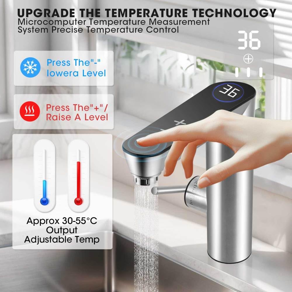 Instant Hot Water Tap, 220V 3000W Tankless Electric Tap for Bathroom/Kitchen, Cold and Hot Water Faucet with Digital Display, Adjustable Temperature 30-55°C