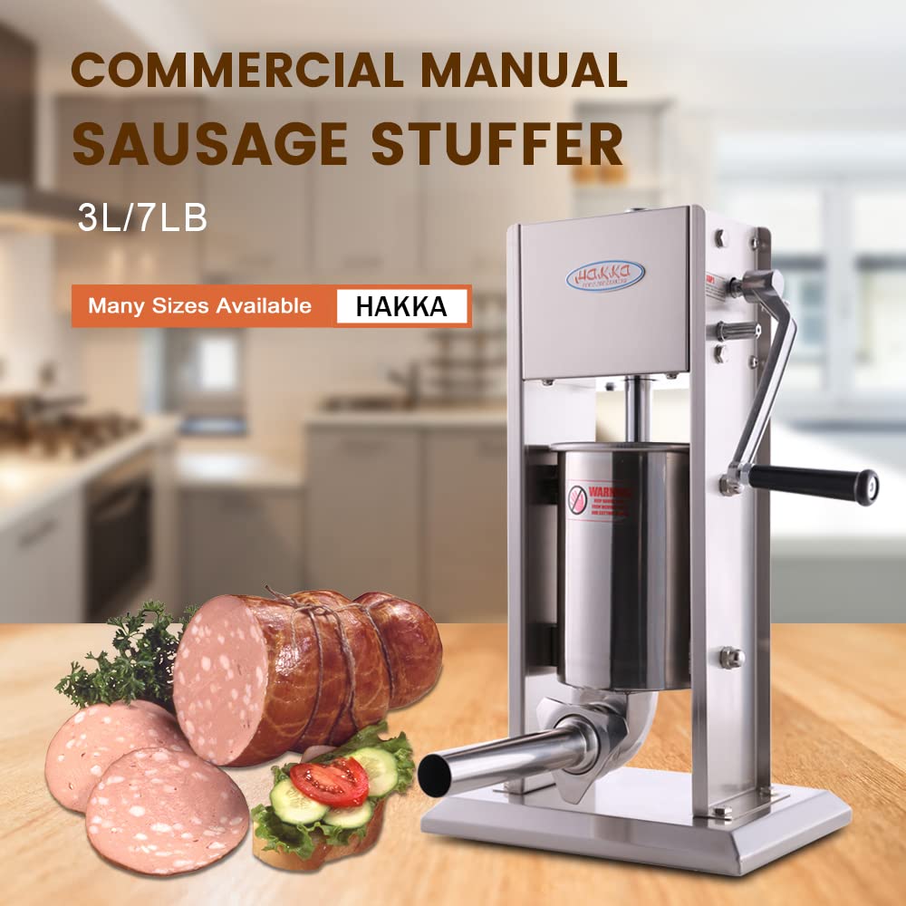 Hakka 3L/7LB Sausage Stuffer, Manual Sausage Maker Machine Filler Meat Stuffer 2 Speed Stainless Steel All Coverage Vertical Sausage Roll Making Machine with 4 S/S Filling Funnels