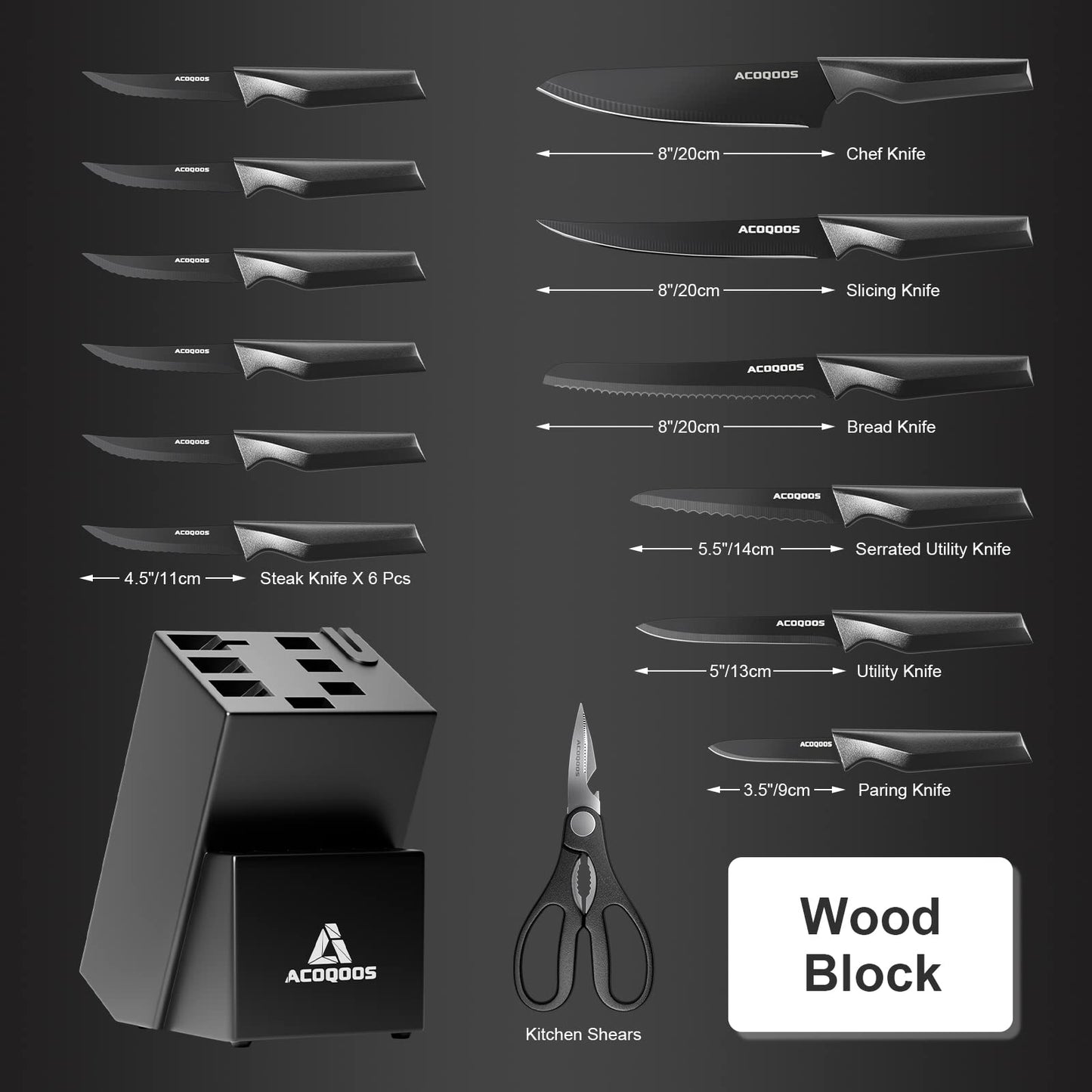 Knife Set with Block, 14 Piece with Built-in Sharpener, Kitchen Knives for Chopping, Slicing, Dicing Cutting by ACOQOOS