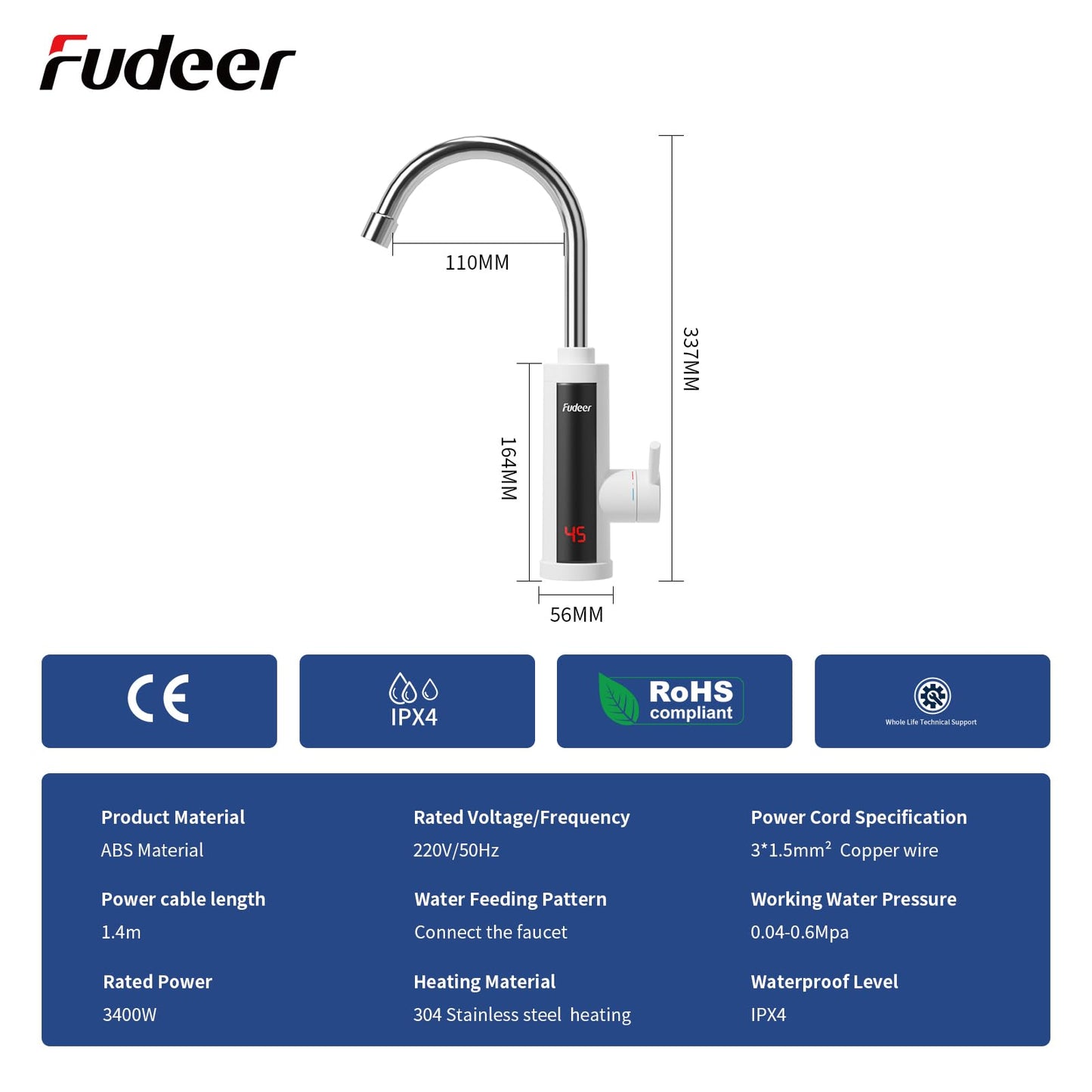 Fudeer 3.3Kw Instant Hot Water Tap,220V ABS Electric Hot Water Faucet for Kitchen, 360 Degree Rotate Warm Water Tap with Digital Display 30-45℃(White)