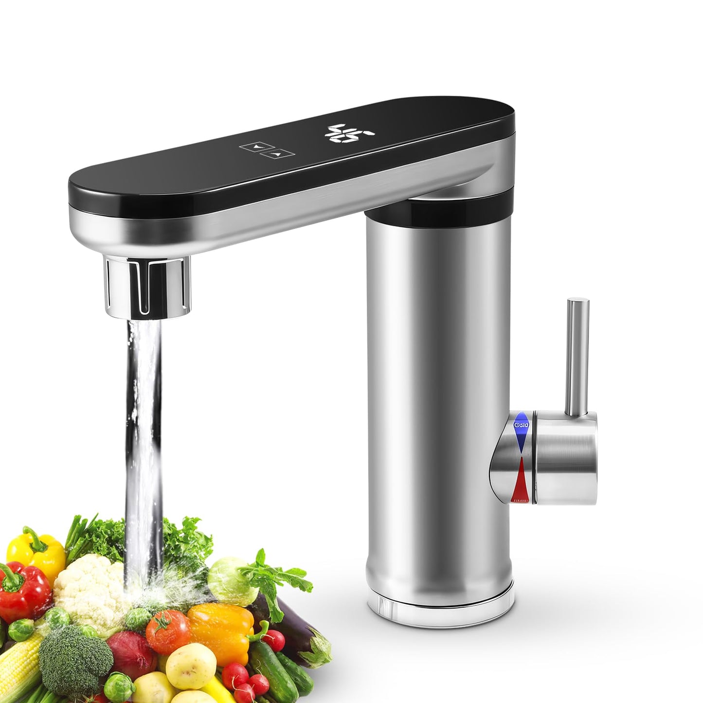 220V 3000W Touch Screen Instant Hot Water Tap, 3 Second Fast Heating Water Heater Tap with Digital Display, Stainless Steel Electric Hot/Cold Mixer Electric Faucet for Sink, 120 Degree Swivel Spout