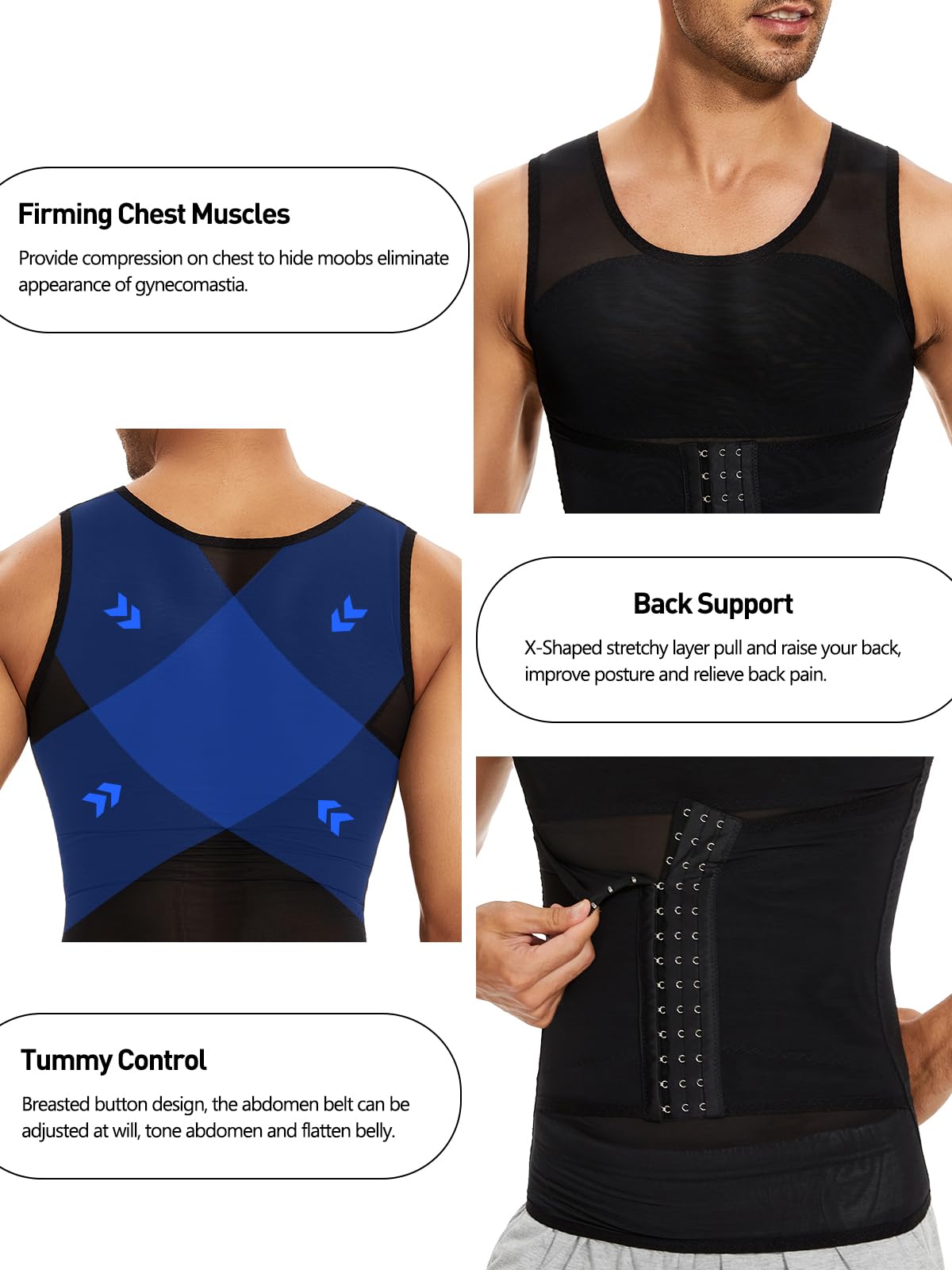 SLIMBELLE Mens Compression Shirt Slimming Body Shaper Undershirt Vest Chest Tummy Control Workout Waist Trainer Girdle Belt Posture Corrector Tank Top Black L