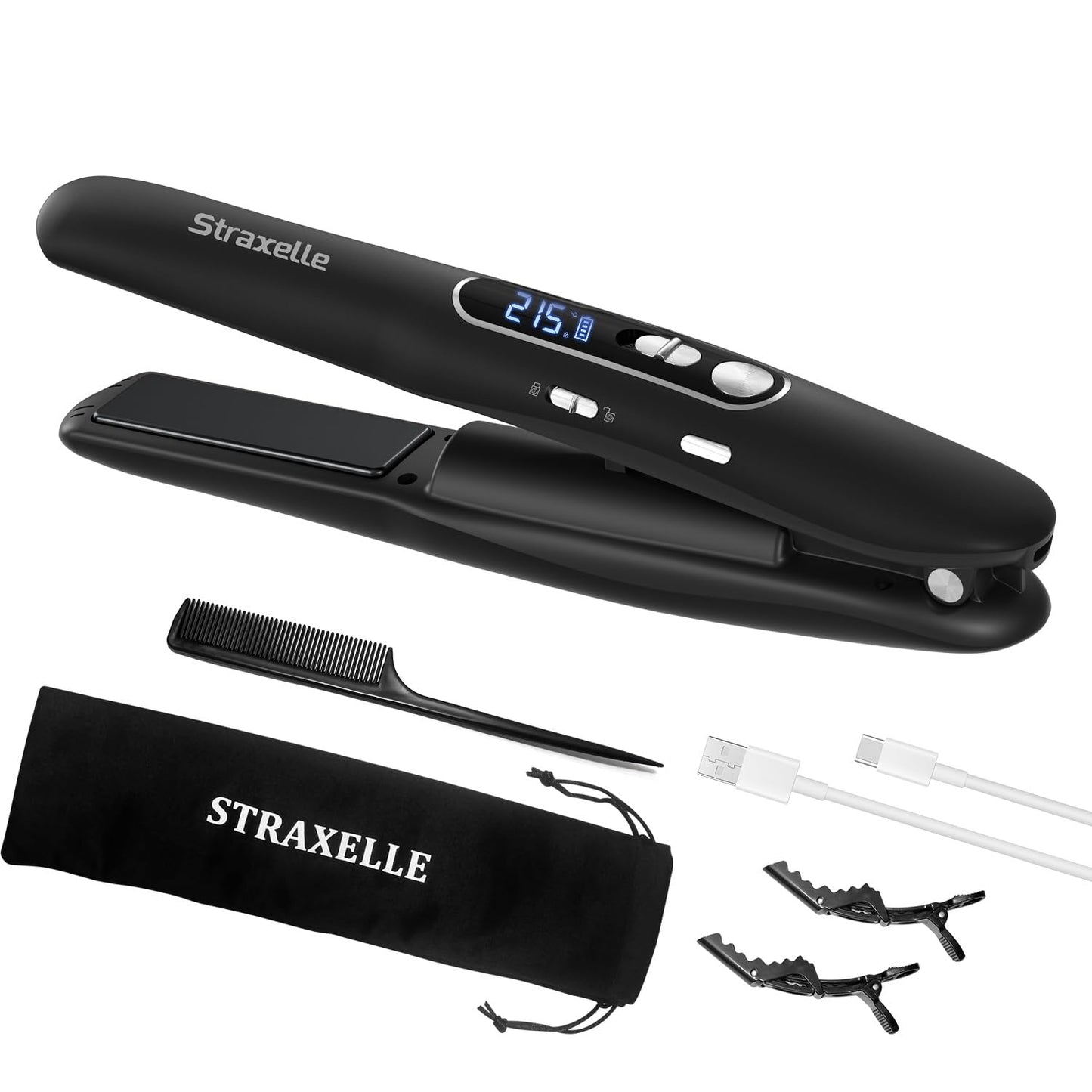 Straxelle Mini Cordless Hair Straighteners, 2 in 1 Portable Flat Iron and Curler Adjustable Temp 175℃-215℃ Mini Straightener with LED Display,5000mAh Travel Straightener for Women Men (Black)