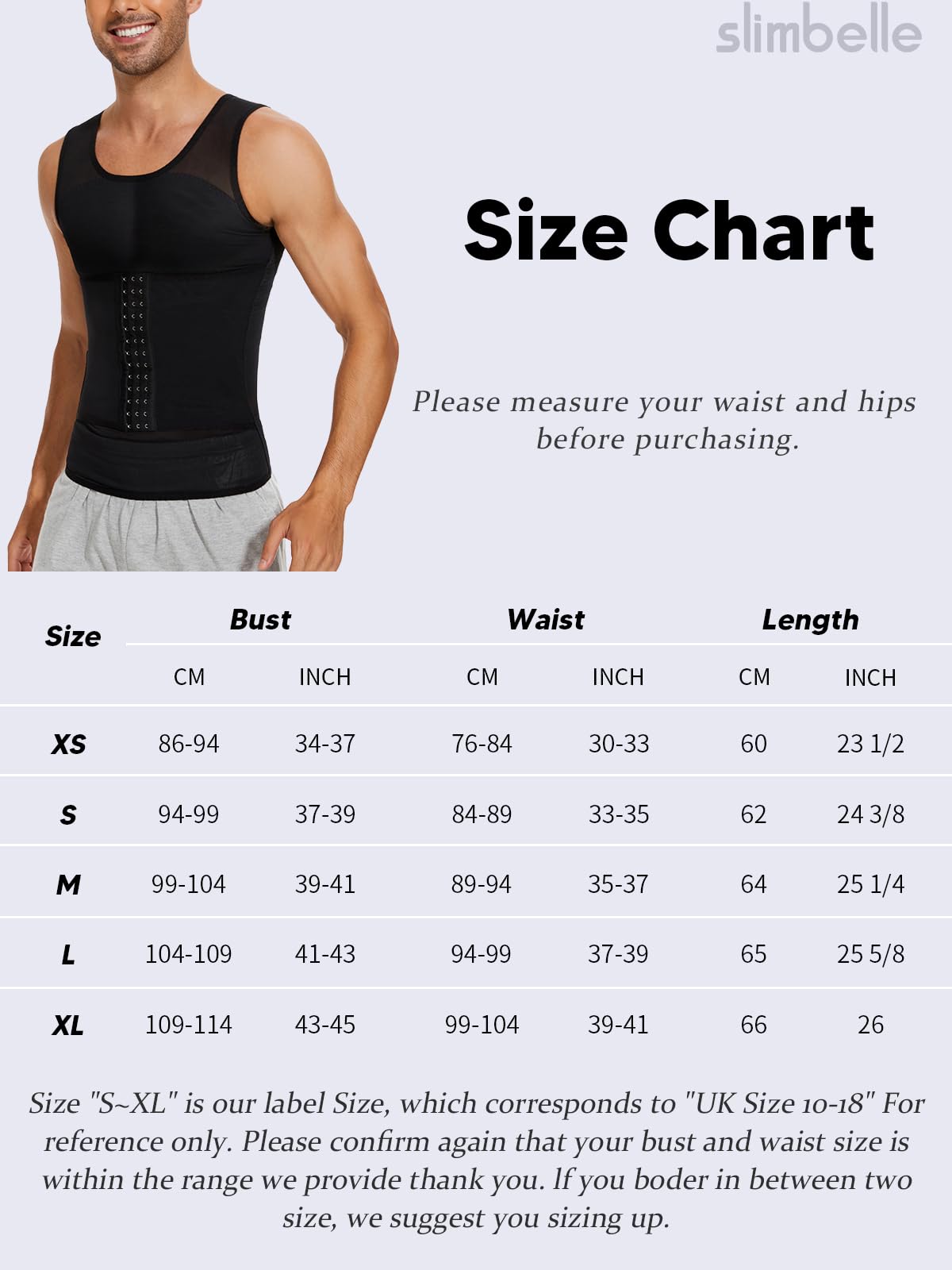 SLIMBELLE Mens Compression Shirt Slimming Body Shaper Undershirt Vest Chest Tummy Control Workout Waist Trainer Girdle Belt Posture Corrector Tank Top Black L