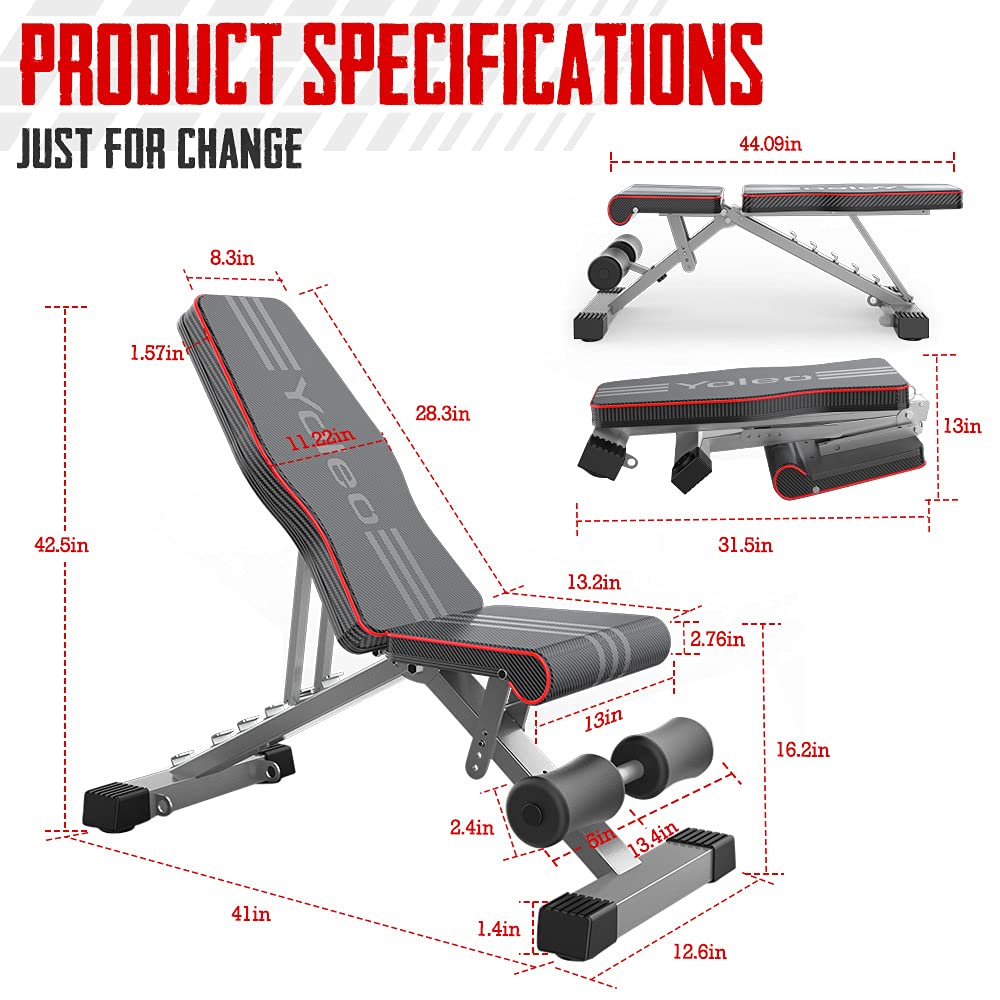 YOLEO Weight Bench, 660LB/300KG Adjustable Foldable Strength Training Bench, Utility Incline Decline Bench for Full Body Workout- Integrated Structure Updated