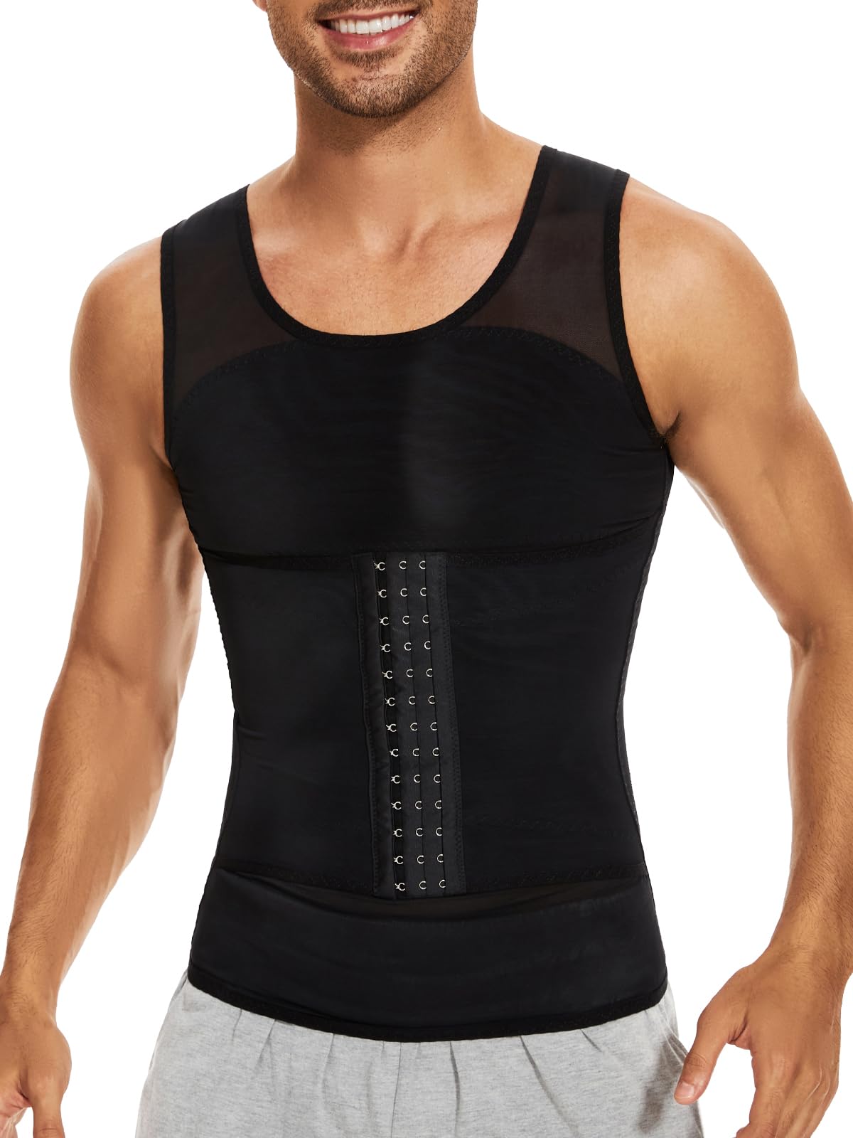 SLIMBELLE Mens Compression Shirt Slimming Body Shaper Undershirt Vest Chest Tummy Control Workout Waist Trainer Girdle Belt Posture Corrector Tank Top Black L