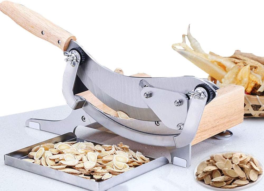 Moongiantgo Biltong Slicer Manual Chinese Medicine Slicer Radiused Beef Jerky Cutter,0-0.5" Adjustable Thickness with Wooden Base Herb Root Cutting Machine for Ginseng Antler Gastrodiae Maca (KD0281)
