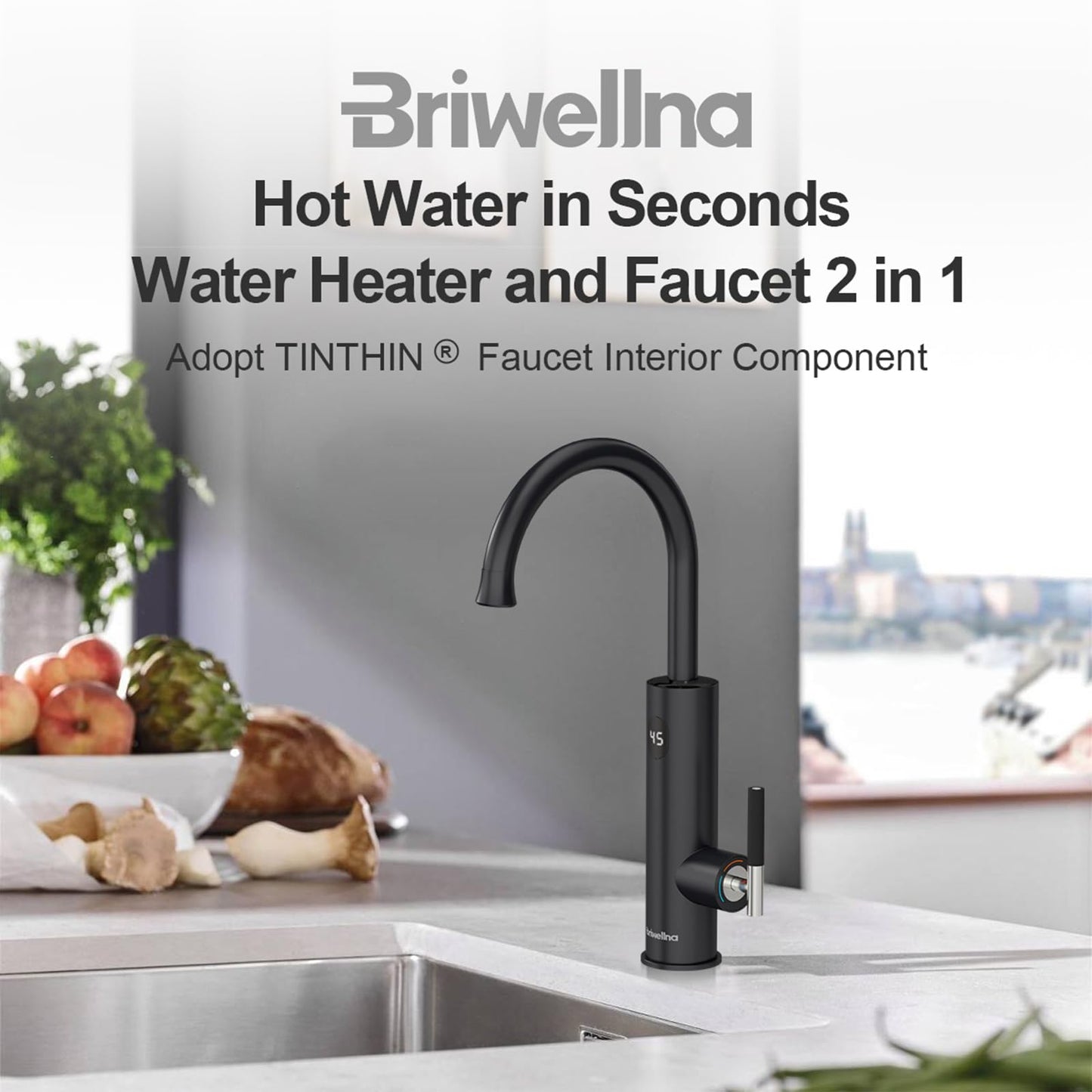 Briwellna Instant Hot Water Tap, 220V Stainless Electric Tap Universal Nozzle, Flexible and Convenient, 360 Degrees Rotate Cold and Water Heater Faucet (Black)