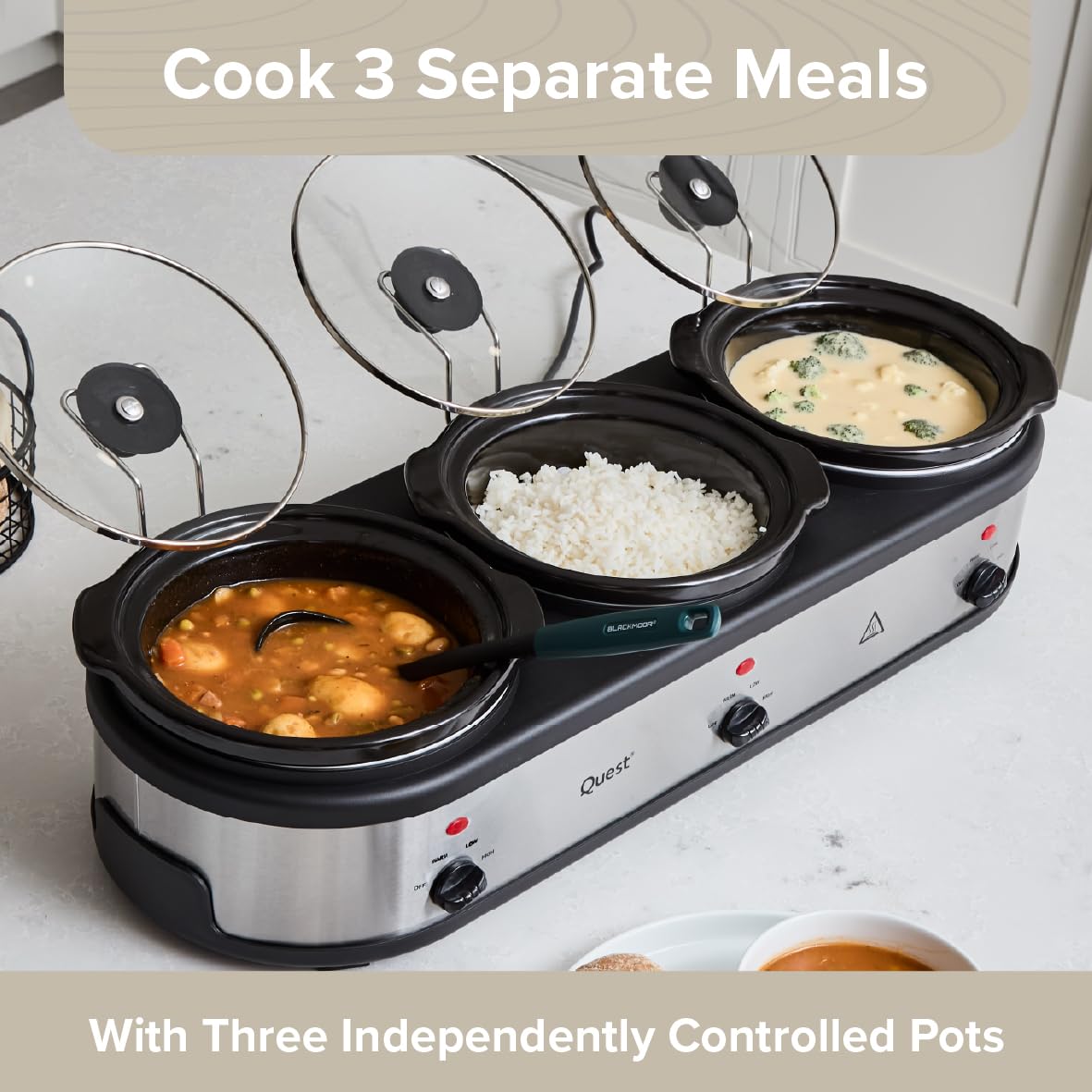 Quest Triple Slow Cooker, Buffet Server & Food Warmer, 7.5L Total Capacity - 3x 2.5 Litre Ceramic Pots, Easy to Clean, Includes Lids & Lid Stands, 3 Heat Settings