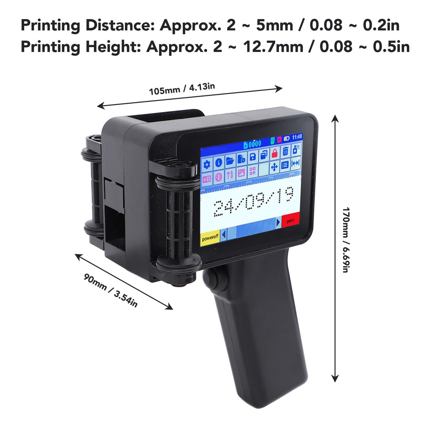 Hyuduo Inkjet Printer Gun N6, HD LED 4.3in Touch Screen, Portable, QR Code Barcode, Black Ink, 600 DPI, USB, Simplex, A5 Max, Versatile Printing