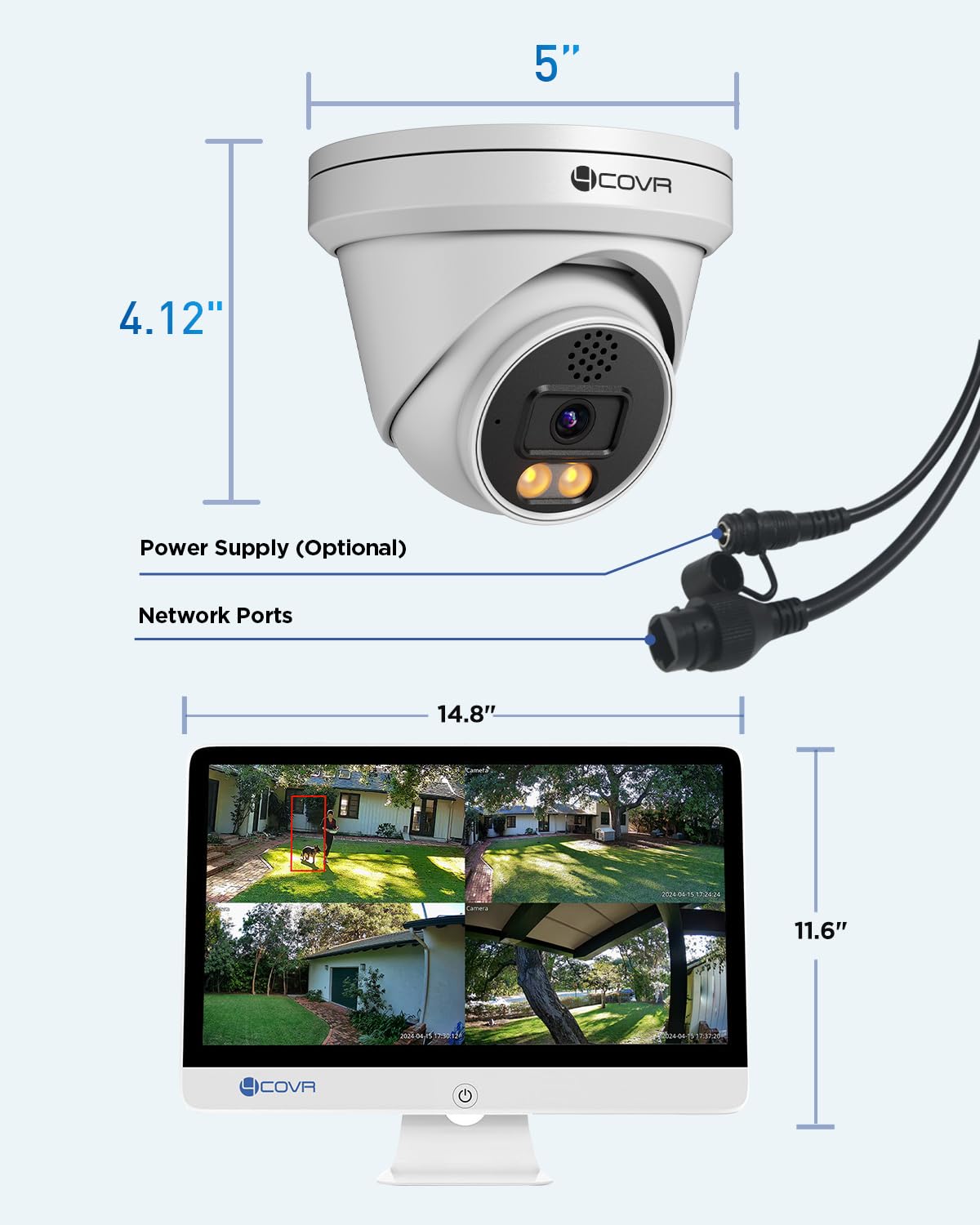 4COVR PoE CCTV Camera Systems with Monitor, 8CH 4K NVR with 2TB HDD, 4X Security Dome 5MP IP Camera IP67 Outdoor, Person Vehicle Detection, 2-Way Talk & Smart Full Color Night Vision, ELY97KA5MU804