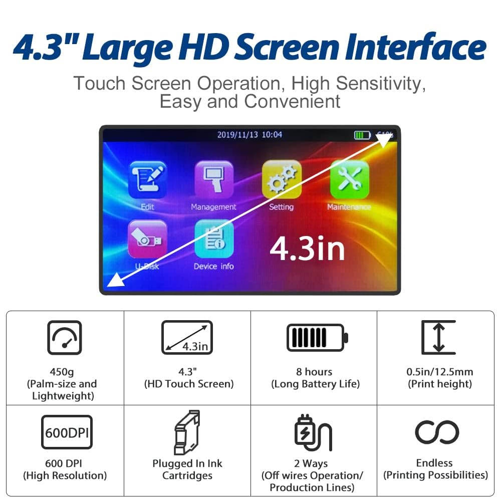 BENTSAI BT-HH6105B2 Handheld Inkjet Printer with 1/2 Inch Print Height Portable Handheld Printer for EXP Date, Batch Number, QR Code, Barcode, Logo on Carton Wood Fabric Plastic Metal