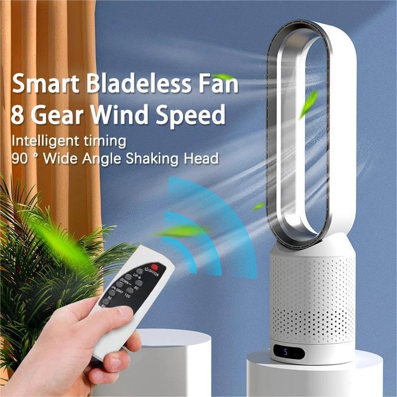 Eznaobo Tower Fans with Air Purifier, 2 in1Bladeless Fan with Remote Control, 8 Speeds, 90° Oscillation, Timer, Standing Tower Fan, Super Quiet Air Cooler for Home and Office (Silver)