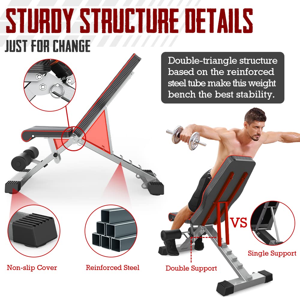 YOLEO Weight Bench, 660LB/300KG Adjustable Foldable Strength Training Bench, Utility Incline Decline Bench for Full Body Workout- Integrated Structure Updated