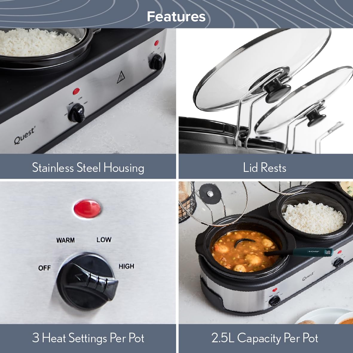 Quest Triple Slow Cooker, Buffet Server & Food Warmer, 7.5L Total Capacity - 3x 2.5 Litre Ceramic Pots, Easy to Clean, Includes Lids & Lid Stands, 3 Heat Settings