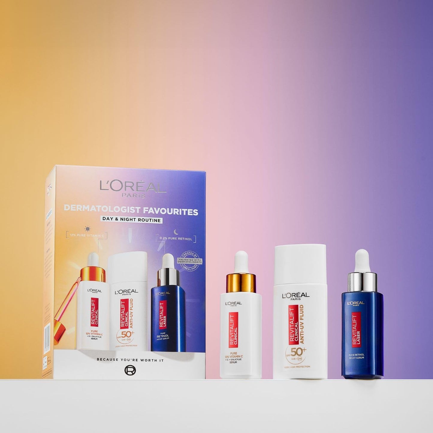 L'Oreal Paris Dermatologist Favourites Gift Set, Featuring Vitamin C Serum, SPF50+ Sunprotection & Retinol Serum, Your Complete Day & Night Routine for Radiant, Youthful Skin