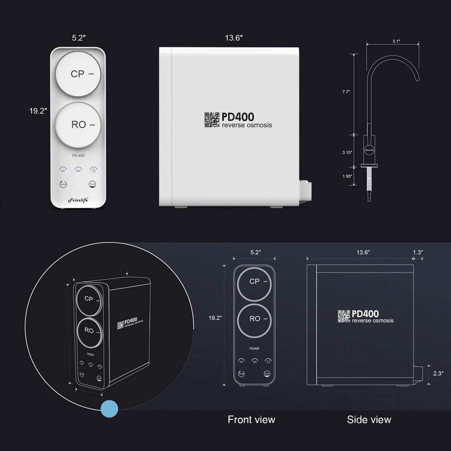 Frizzlife Reverse Osmosis System - Tankless 400 GPD Drinking Water Filtration System, Quick Twist Under Sink RO Filter - 1.5 : 1 Pure to Drain - Reduce TDS, Compact Footprint, USA Tech Support, PD400