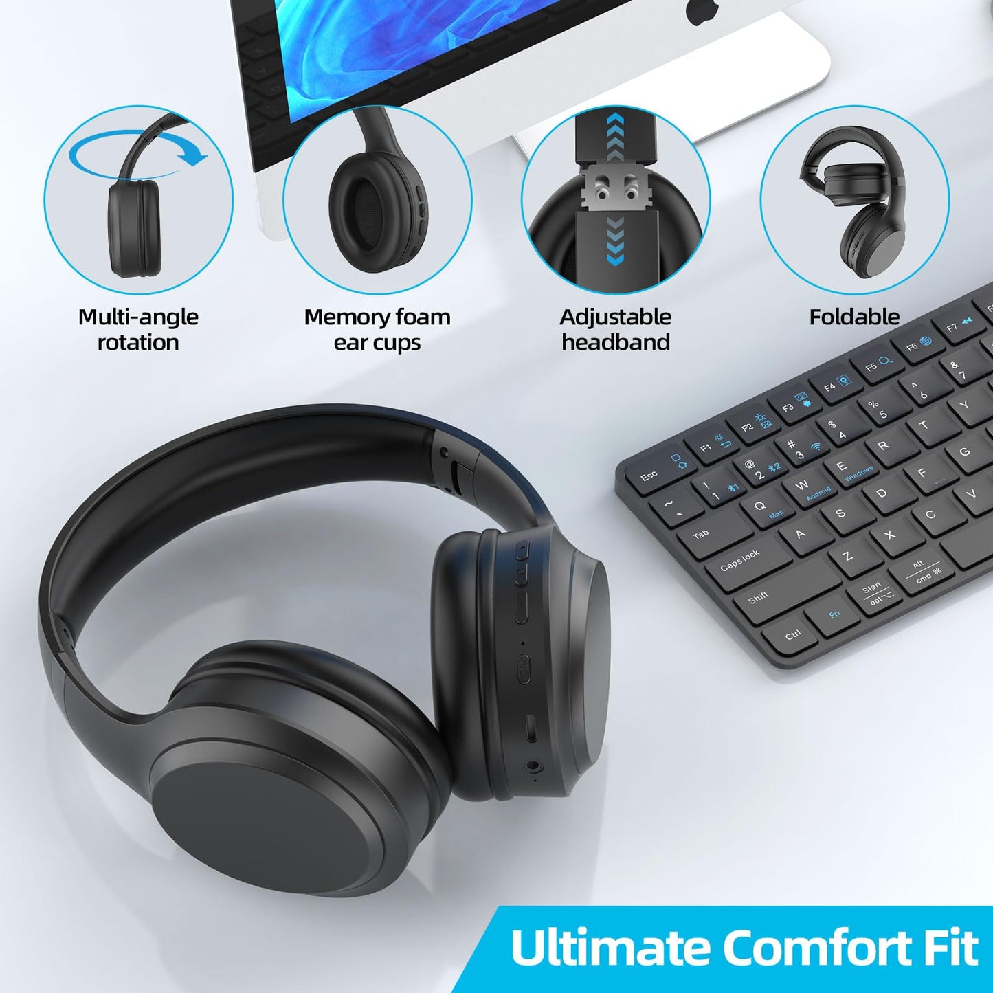 MOXYOY Bluetooth Headphones Over Ear, 82H Playtime, 3EQ Hi-Fi Sound Modes, Foldable Wireless Headphones, Lightweight Over Ear Headphones with Microphone for PC/Travel/Gaming/Office