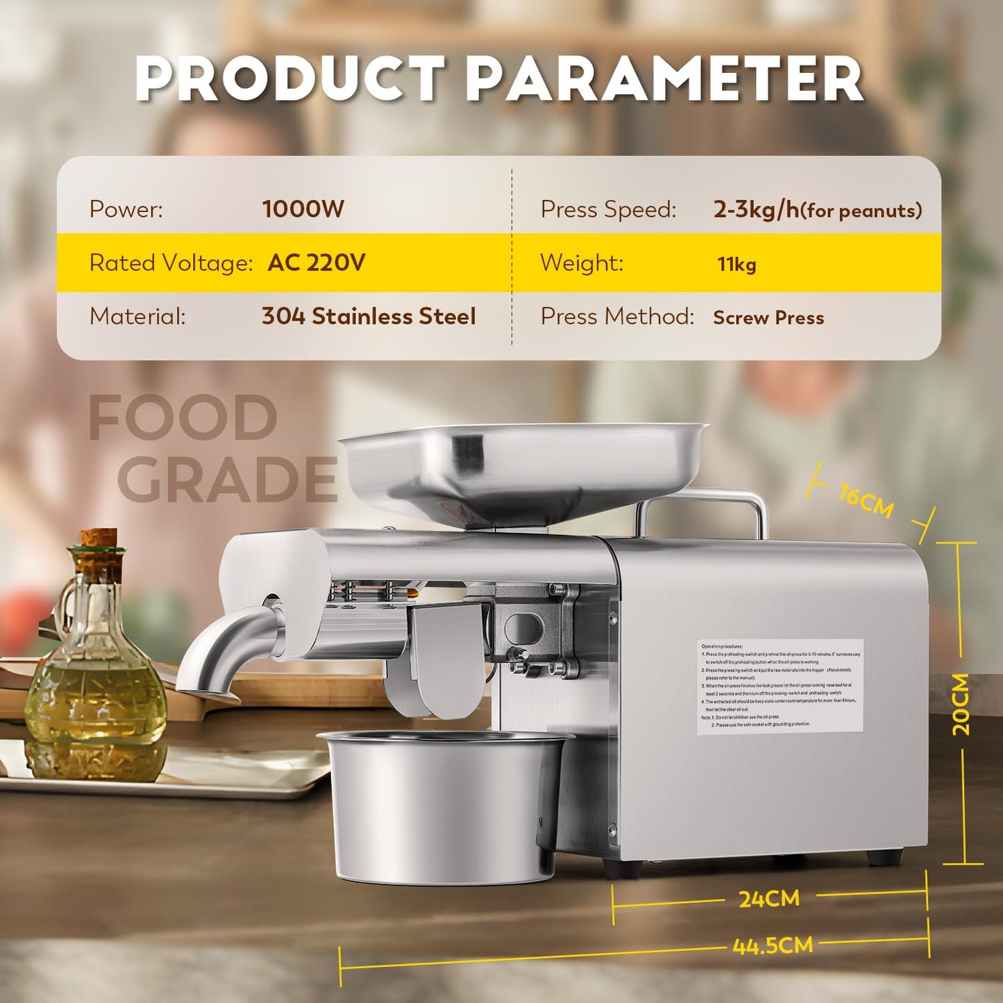 CGOLDENWALL 1000W Oil Press Machine Home Hot & Cold Oil Extraction Machine Stainless Steel for Peanut Sesame Flaxseed Walnut Sunflower Seed Automatic Temperature Constant 220V