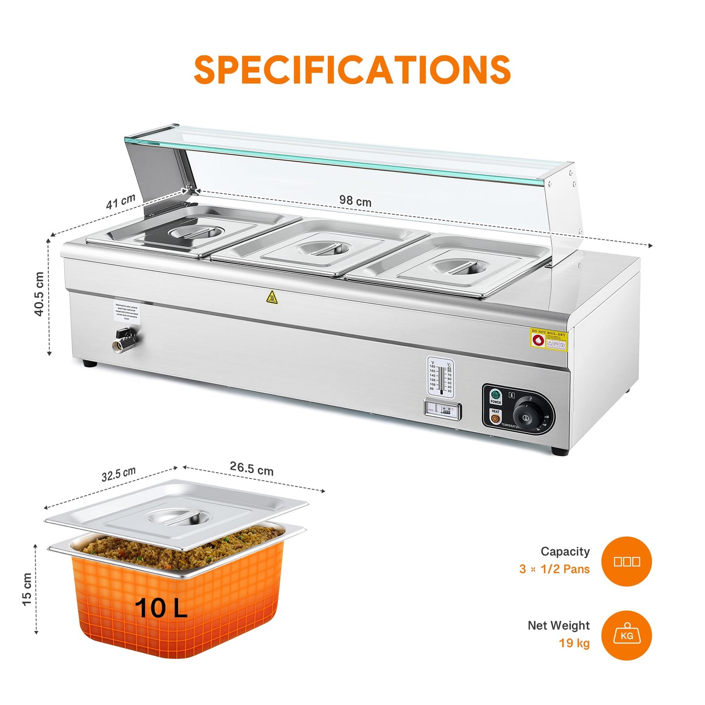 WILPREP Bain Marie Food Warmer, Commercial food warmer with Three 1/2 Pans and Sneeze Guards for Catering Restaurants Parties, Rectangular Stainless buffet server with Adjustable Temp. & Auto Shutoff