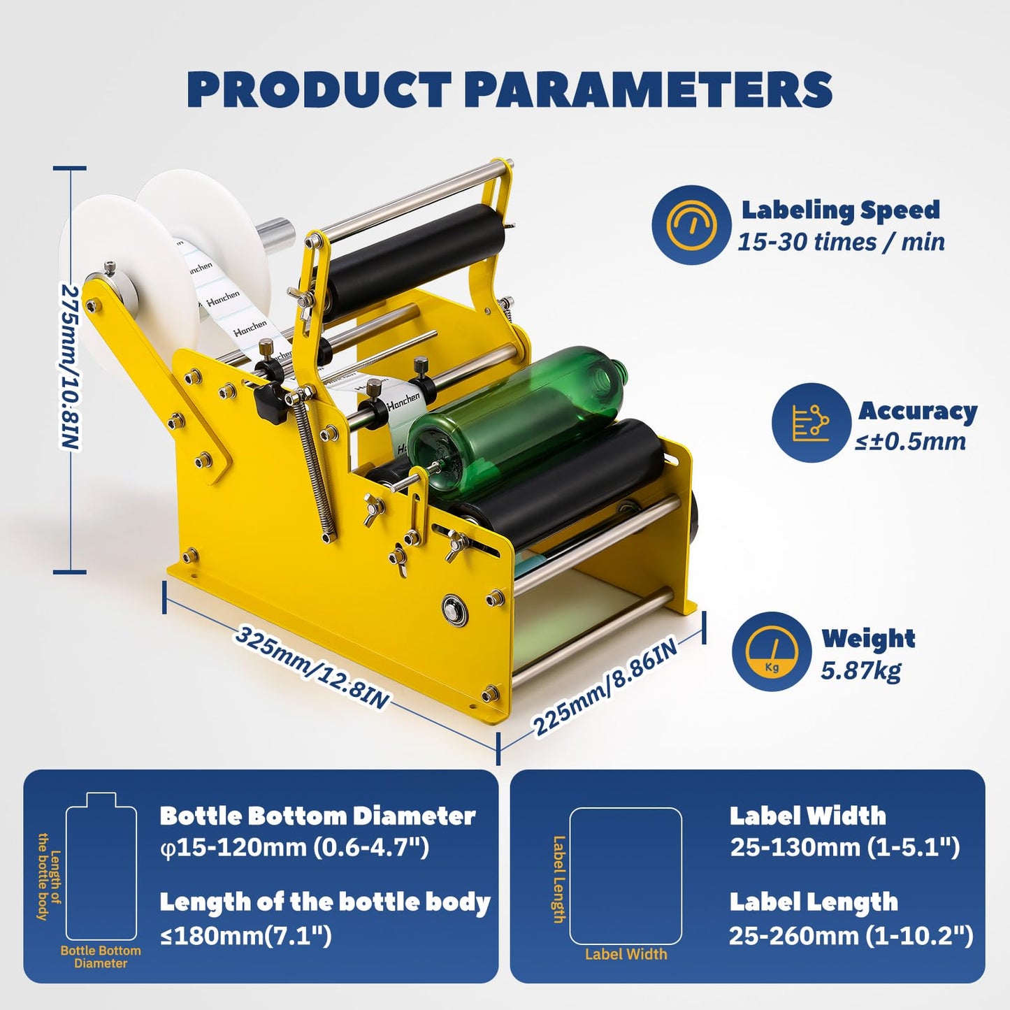 Hanchen Manual Round Bottle Labeling Machine Labeler Label Applicator Machine MT-30 for Width 10-110mm Length 10-300mm Label(With Handle)
