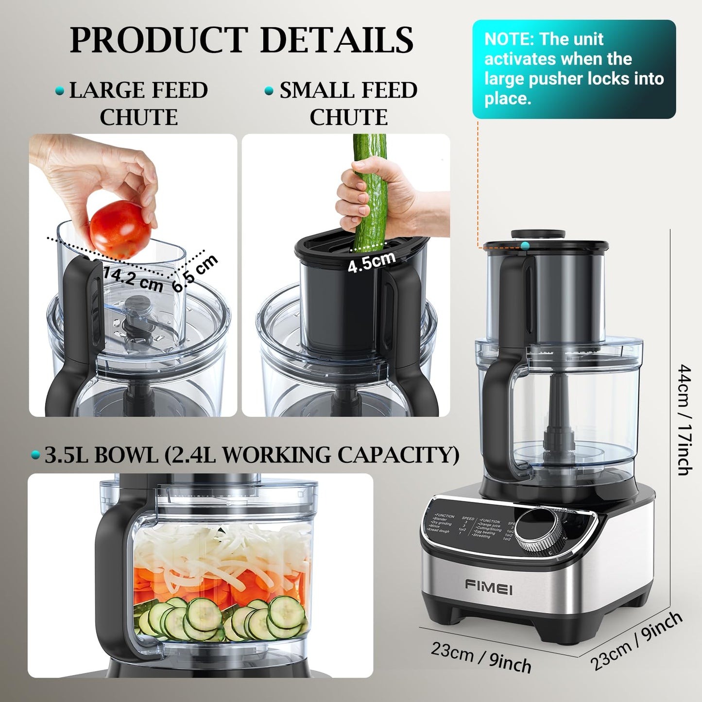 FIMEI Multifunctional Food Processor 1300W, 3 Speeds and Pulse Function, 3.5L Chopper, 1.5L Blender, Grinder, Citrus Juicer, Dough Hook, Whisk, Shredder, Reversible Slicer, Triple Lock Protection