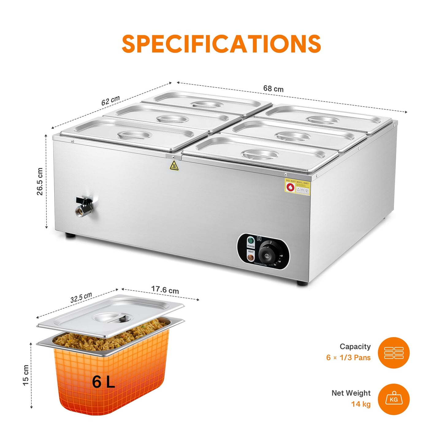 WILPREP Commercial Electric Food Warmer, 36L Large Buffet Server with 6 Pans and Lids for Catering Restaurants Parties, 1500W Stainless Steel Bain Marie with Adjustable Temp & Automatic Shutoff