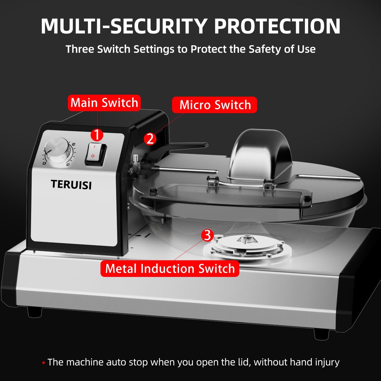 TERUISI Commercial Food Processor, 250W Heavy Duty Electric Meat Grinders with 1500RPM Blade Speed, 6QT Stainless Steel Food Bowl and 0-15 Mins Timer, Commercial Vegetable Chopper Food Mixer Machine