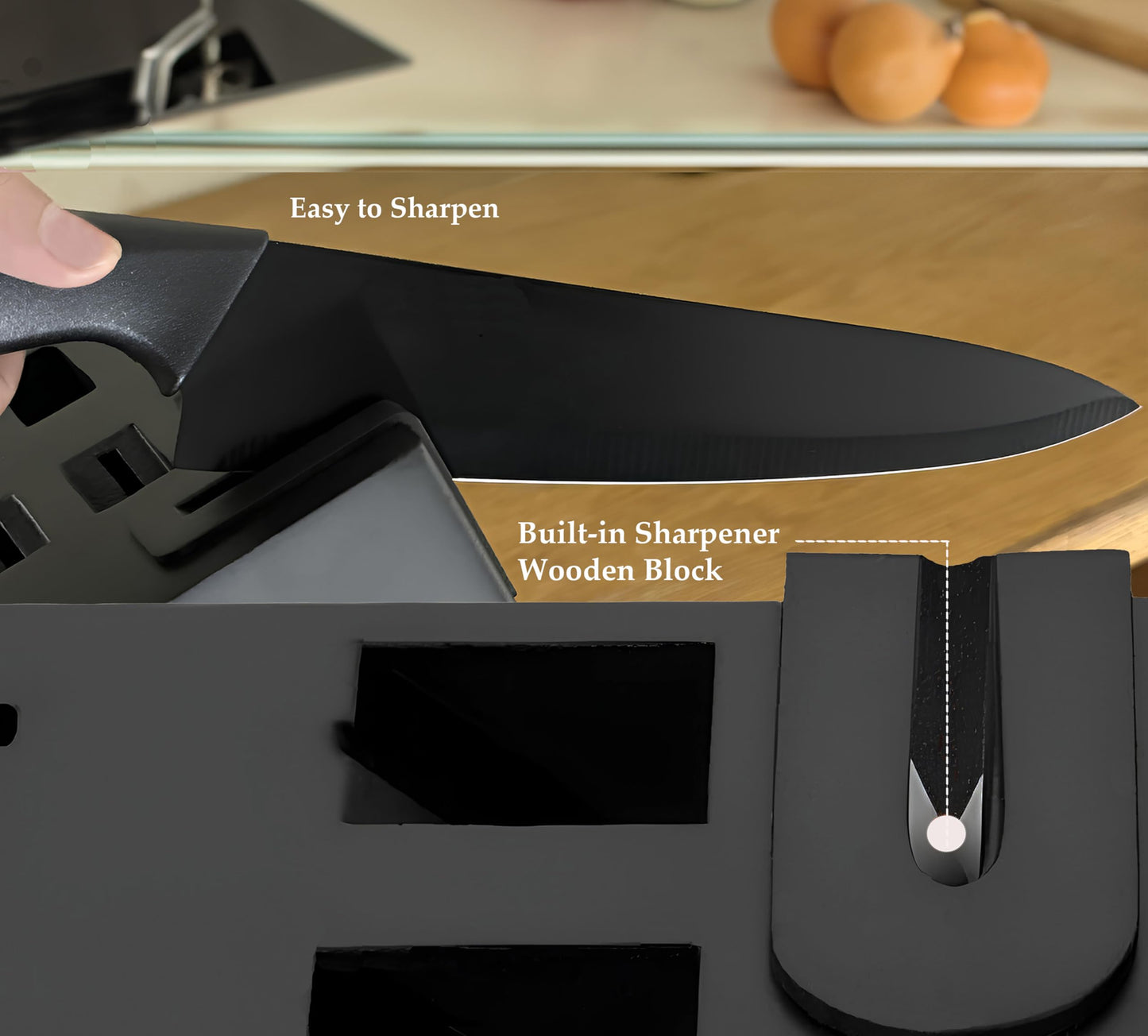 MATMAS Kitchen Knife Set with Block, 15 Pieces with Built-in Sharpener, Carbon Stainless Steel Knives, Culinary Excellence