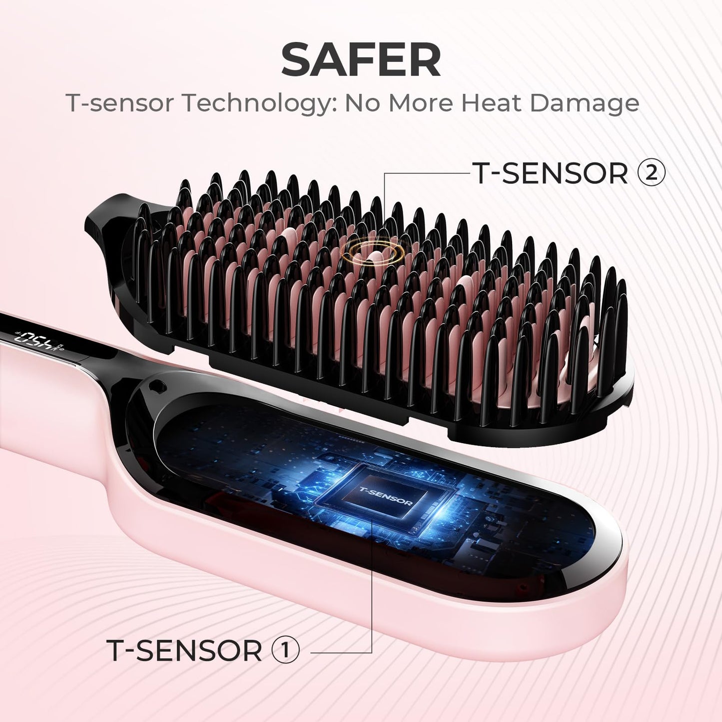 TYMO Ionic Plus Hair Straightener Brush UK, Upgraded Straightening Brush with Dense Bristles for Thick Hair, 16 Temps (80℃~230℃) LED Display, 10 Million ions, Dual Voltage, Hot Brush for Women (Pink)