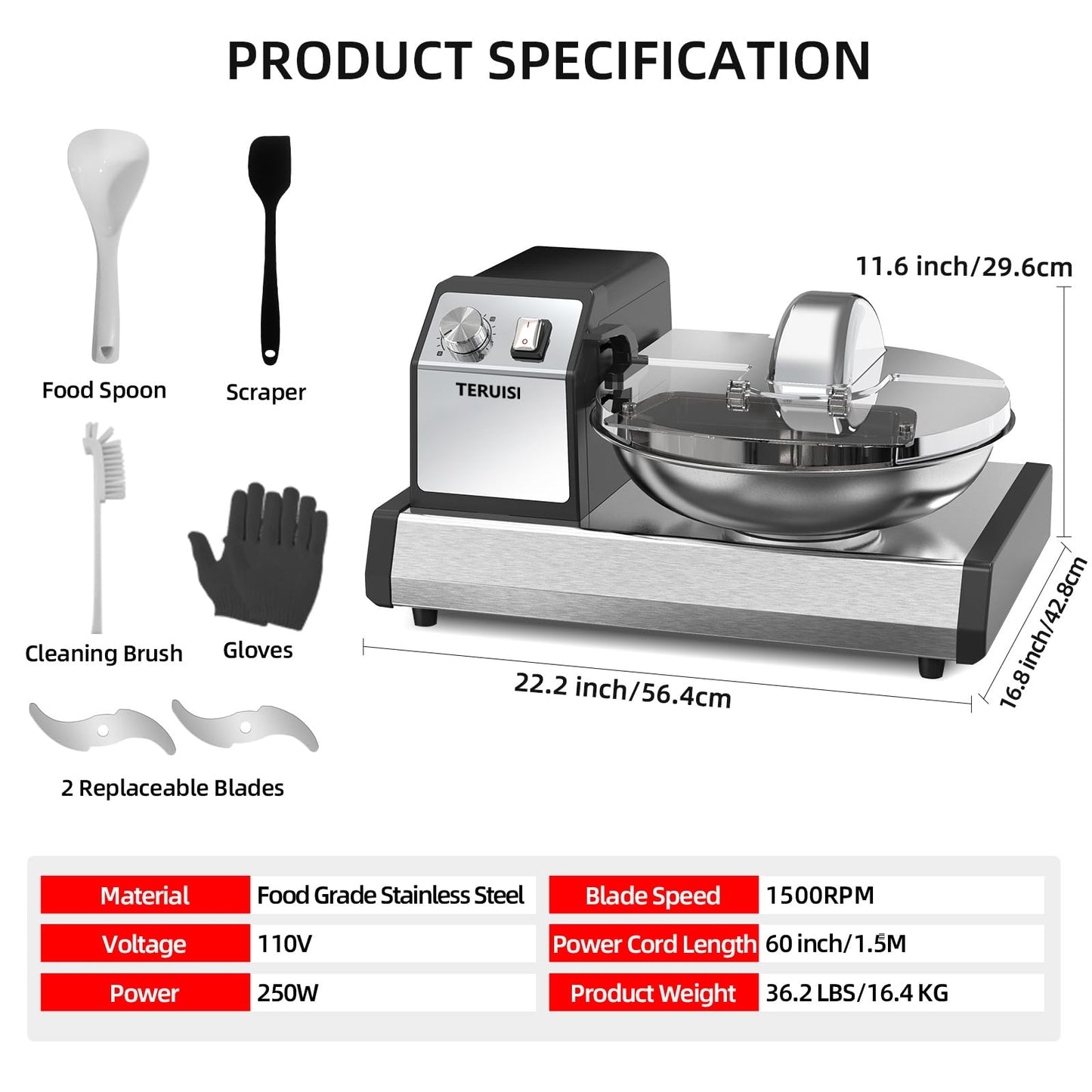 TERUISI Commercial Food Processor, 250W Heavy Duty Electric Meat Grinders with 1500RPM Blade Speed, 6QT Stainless Steel Food Bowl and 0-15 Mins Timer, Commercial Vegetable Chopper Food Mixer Machine